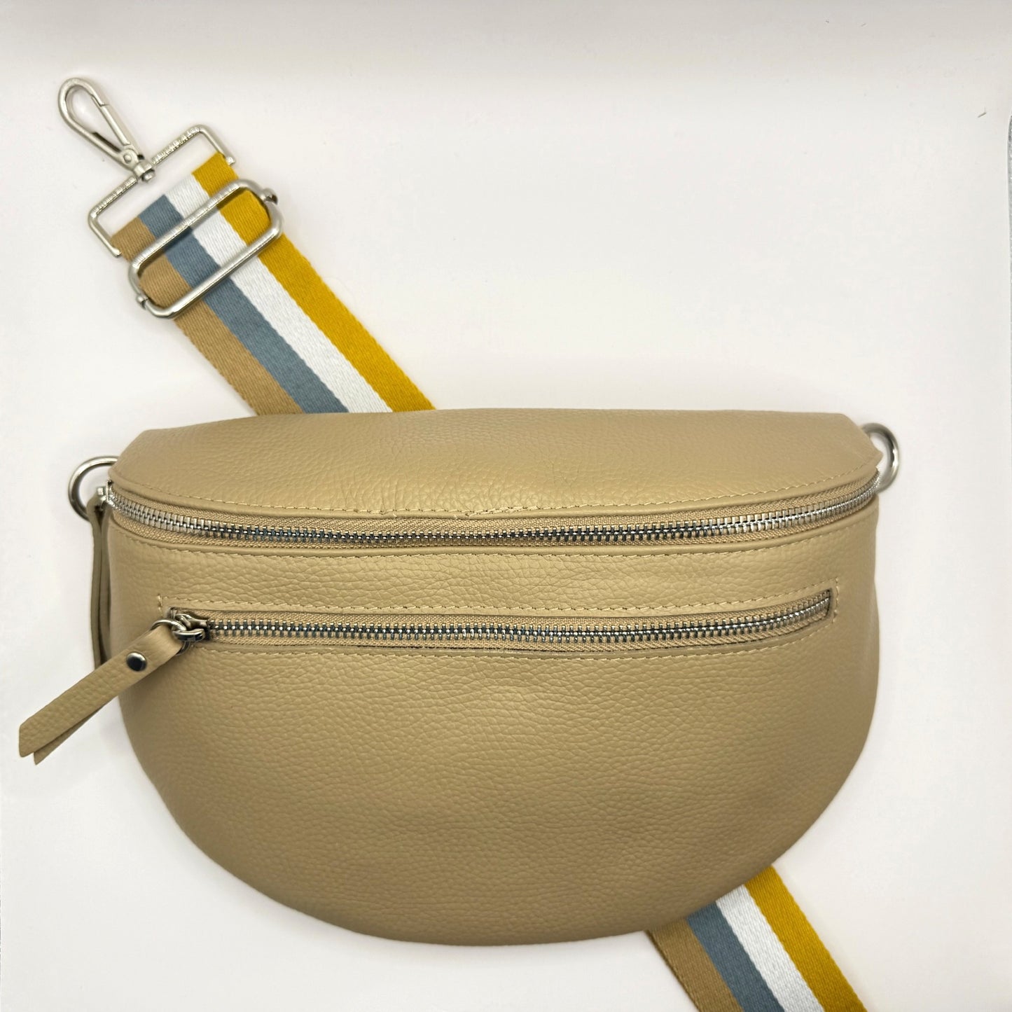 Taupe Bag + Yellow/Blue Stripe Strap