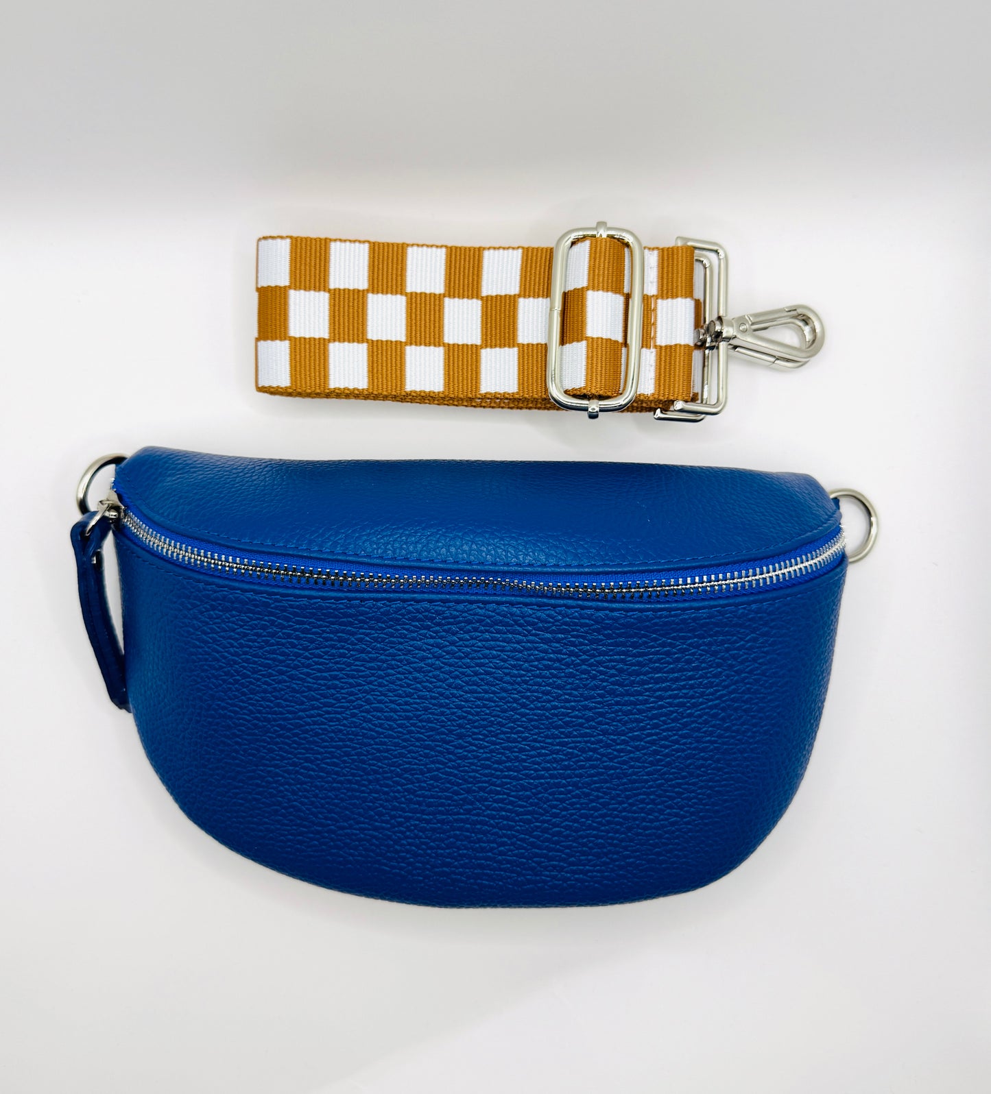 Royal Blue Bag + Cognac Checkered Strap