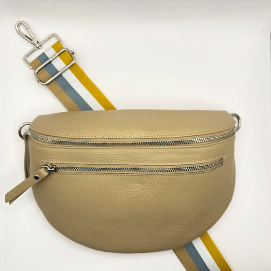 Taupe Bag + Yellow/Blue Stripe Strap