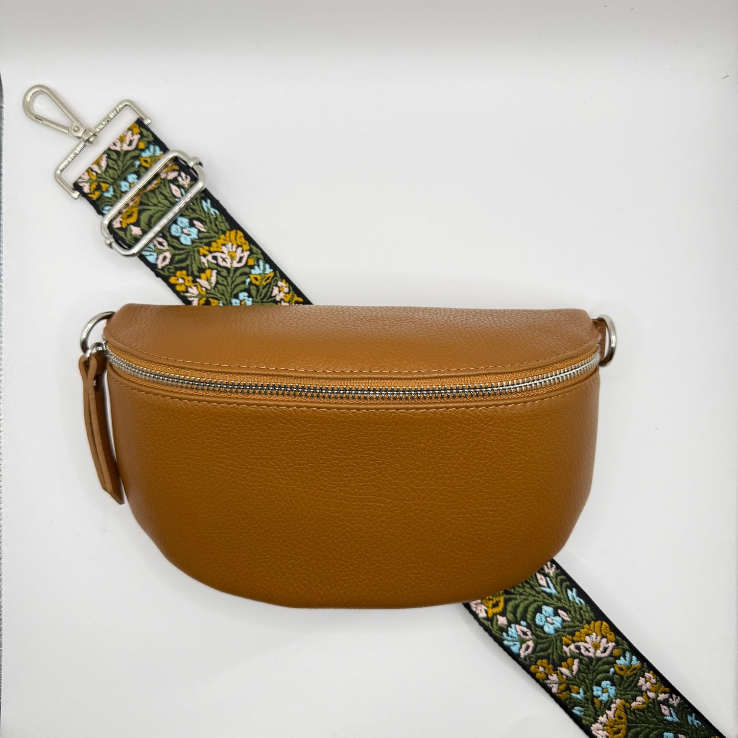 Cognac Bag + Blue Floral