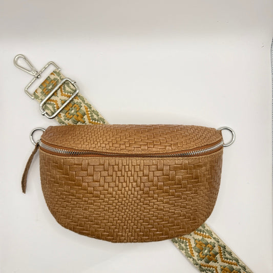 Cognac Weave Bag + Sage Tribal Strap