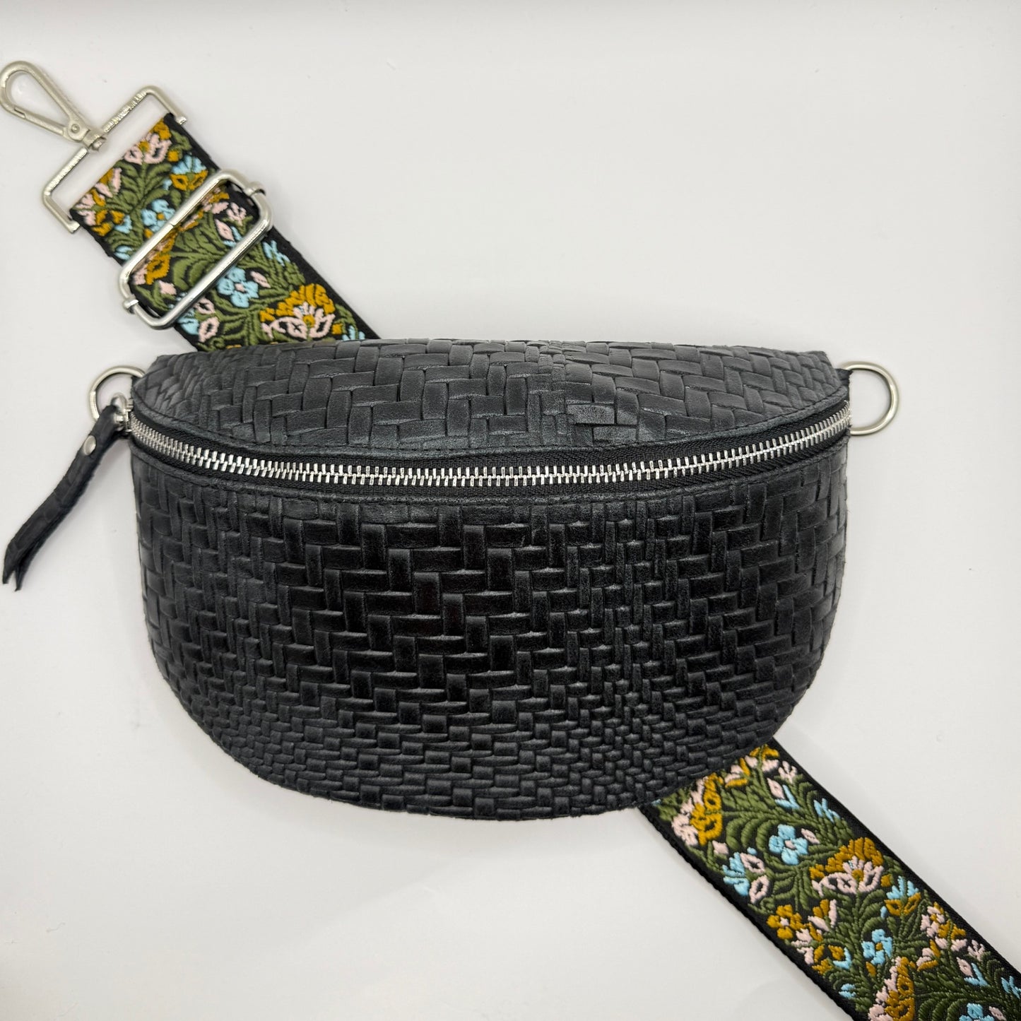 Black Weave Bag + Blue Floral Strap