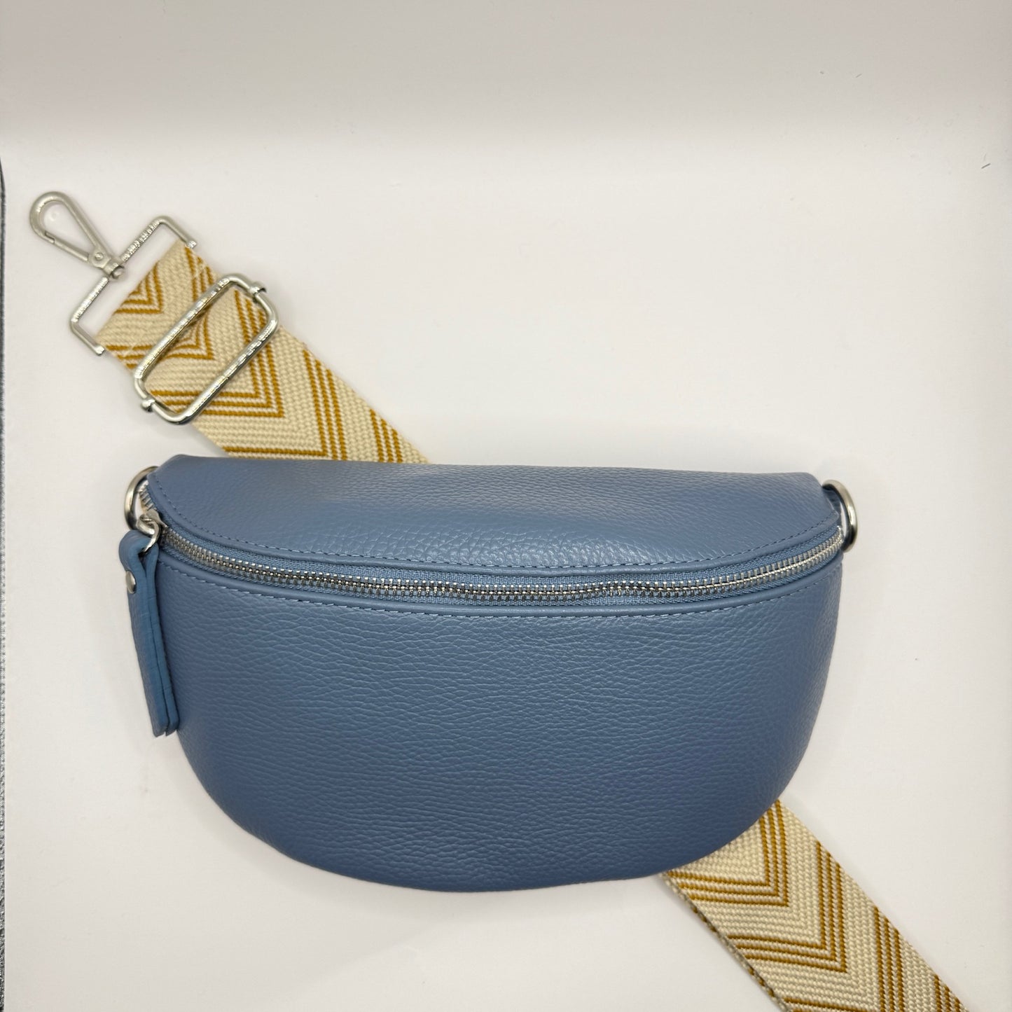 Cru Blue Bag + Cognac Chevron Strap