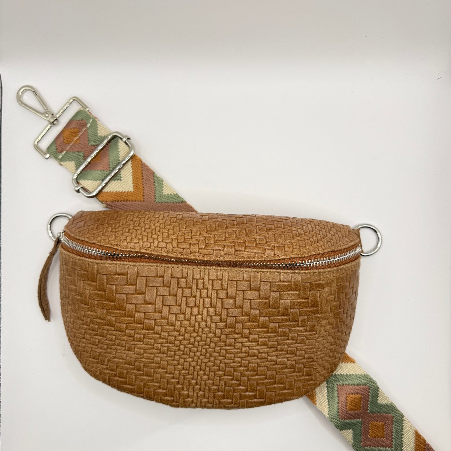 Cognac Weave Bag + Sage Aztec Strap